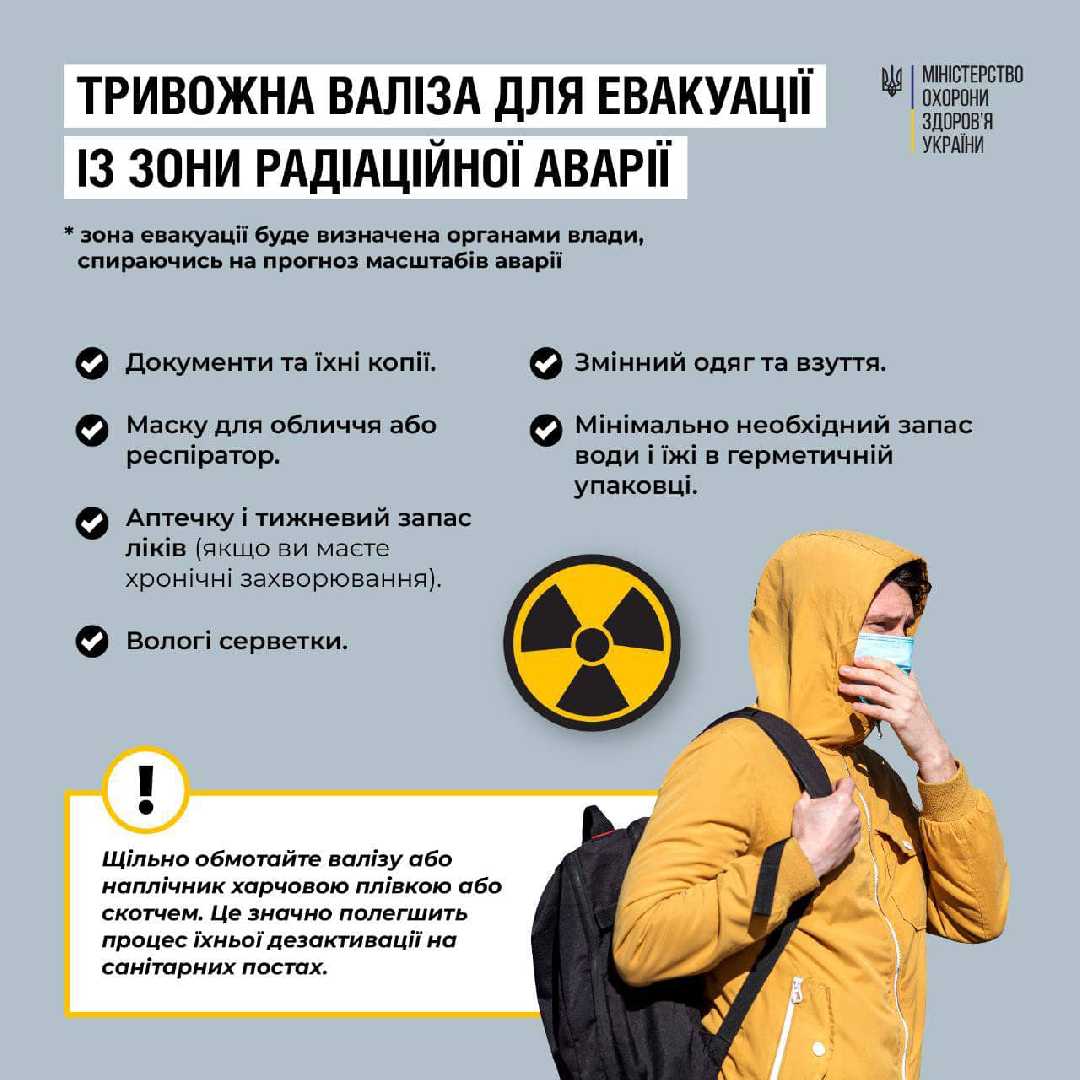 Тривожна валіза для евакуації із зони радіаційної аварії: що варто обов’язково взяти